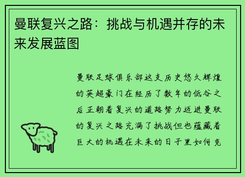 曼联复兴之路:挑战与机遇并存的未来发展蓝图 曼联复兴之路:挑战与机遇并存的未来发展蓝图