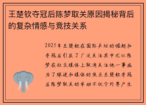 王楚钦夺冠后陈梦取关原因揭秘背后的复杂情感与竞技关系