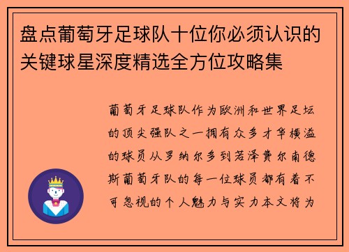 盘点葡萄牙足球队十位你必须认识的关键球星深度精选全方位攻略集