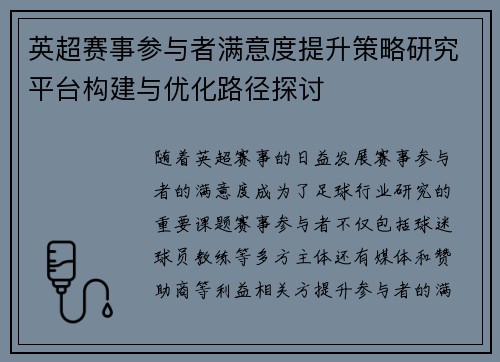 英超赛事参与者满意度提升策略研究平台构建与优化路径探讨 英超赛事参与者满意度提升策略研究平台构建与优化路径探讨