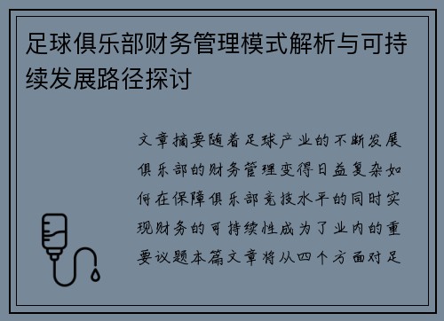 足球俱乐部财务管理模式解析与可持续发展路径探讨